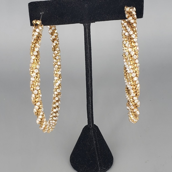 Goldtone Rhinestone Large Hoop Earrings - Picture 2 of 10